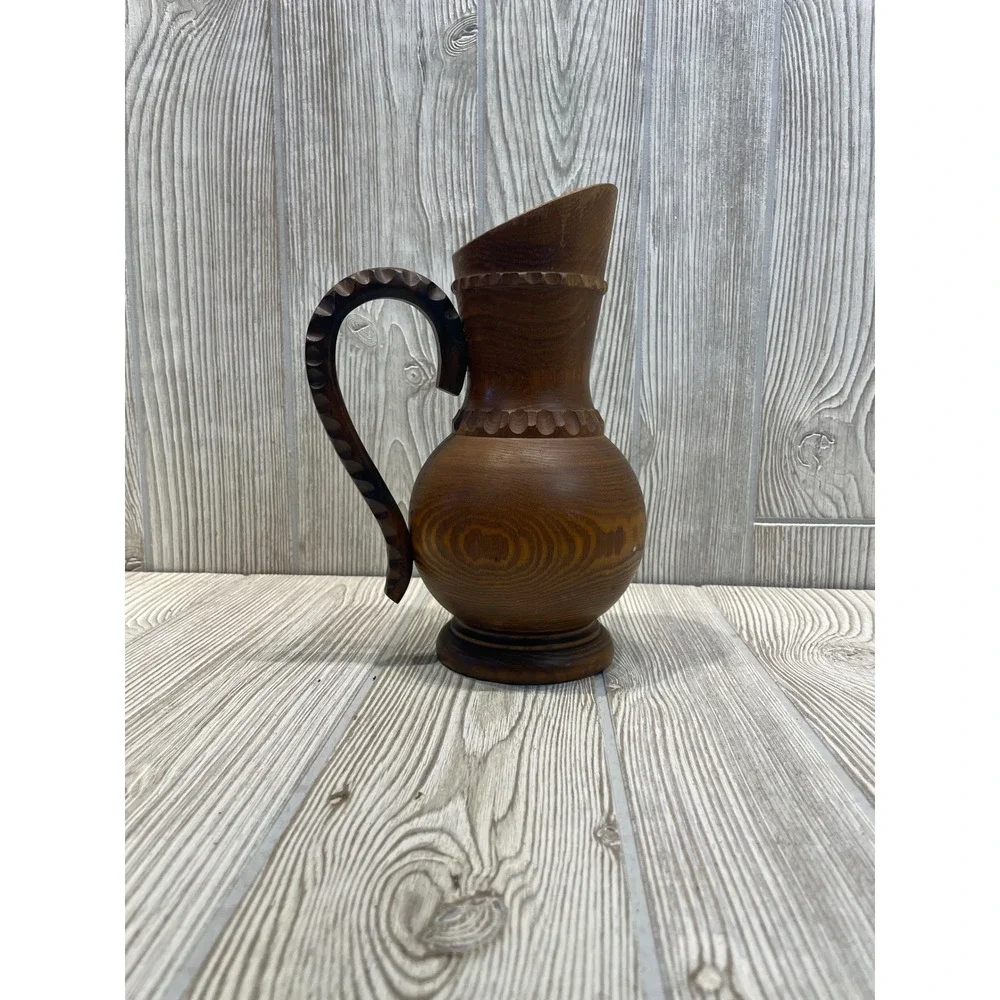 Dobin Brienz Hand Carved Wooden Pitcher Vintage Swiss Folk Art Wood Vase 10in